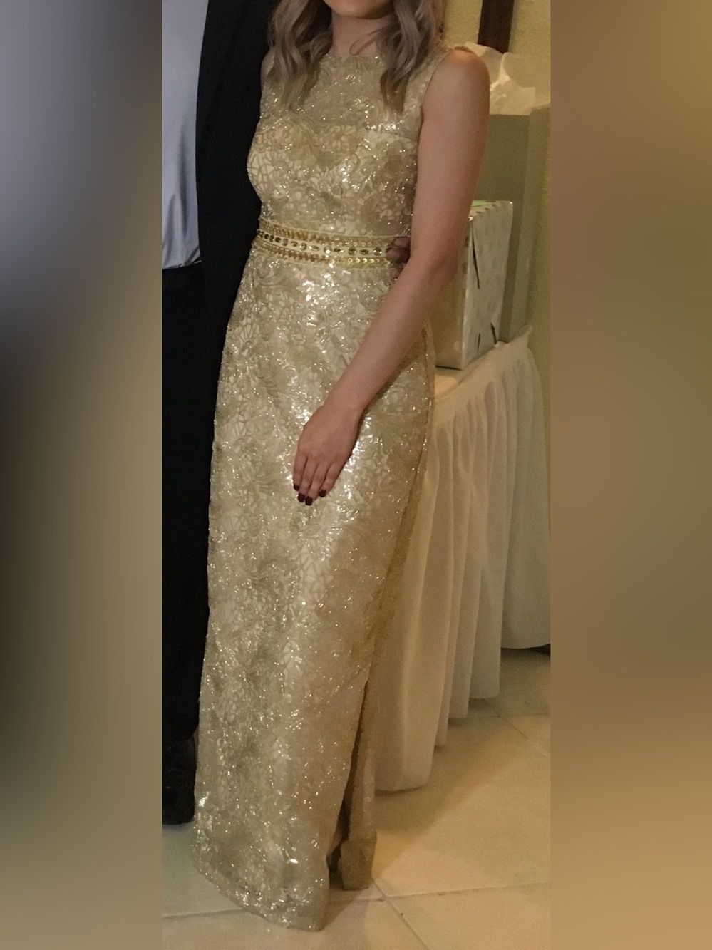 Calvin Klein Gold Lace Rhinestone Formal Long Dress